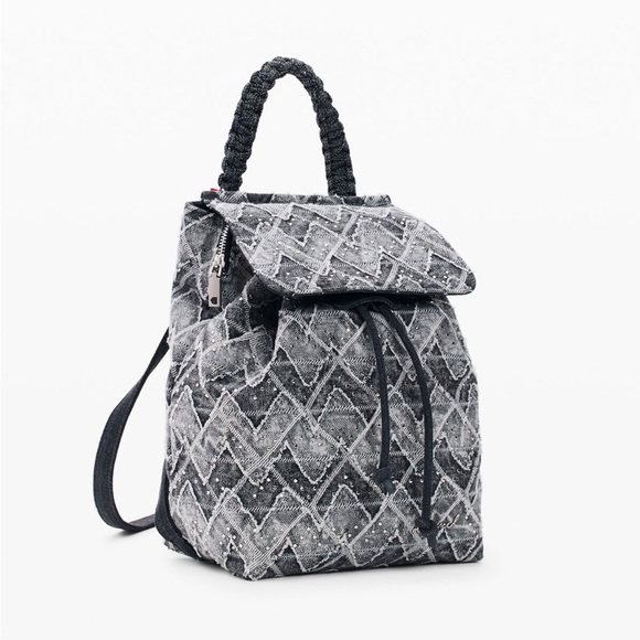 Gently Used Desigual Black Denim Quilted Effect Women's Bag with Red Charms - Picture 6 of 6